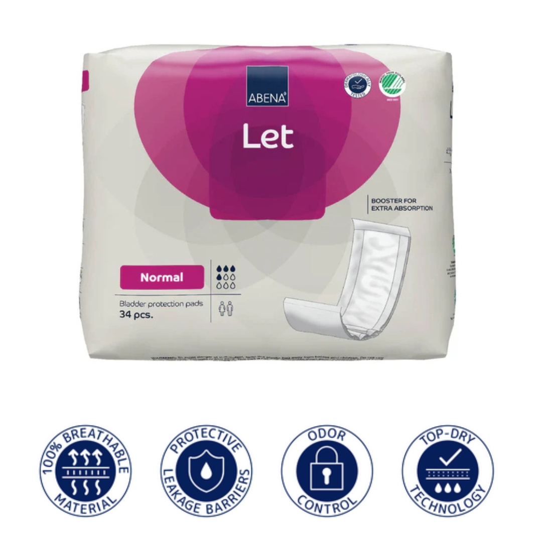 Abena Let Adult Booster Bladder Control Pads (Normal, 34 pcs) offer absorbent incontinence or maternity protection with 100% breathable material, leakage barriers, odor control, and top-dry technology.